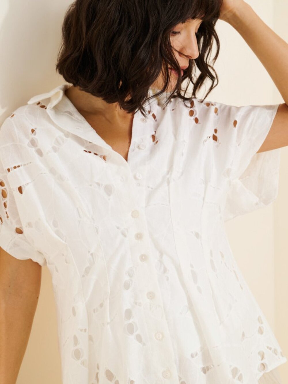 Anthropologie Exquise Adalene White Lace Maternity Button Down Blouse Top Size S